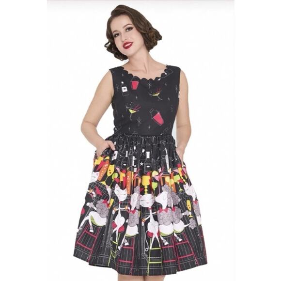 Lindy‎ Bop Dress 4 Black Cat Dog Cocktail Bar Print Flared Midi Twee Retro 50’s - Picture 1 of 10